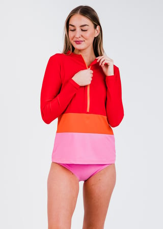 Half-Zip Color Block Rash Guard With Color Block High-Waisted Bikini Bottom